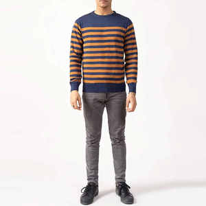 เสื้อสเวตเตอร์ถักคอกลมลายทางสีส้มกรมท่าสำหรับผู้ชายทรงเข้ารูปแขนยาวสวมใส่สบายๆในฤดูใบไม้ร่วง - Product Image 1
