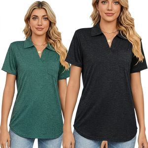 T-shirt décontracté pour femme à col en V et manches courtes, couleur unie, respirant, imprimé floqué, en jersey tricoté 100 % polyester 220g, coupe classique - Product Image 2