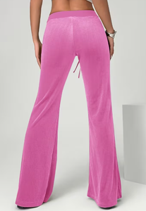 Pantalon évasé rose taille haute avec cordon de serrage, taille élastique et poches, coupe décontractée ample, longueur intégrale, style sportif, toutes saisons pour femme - Product Image 2