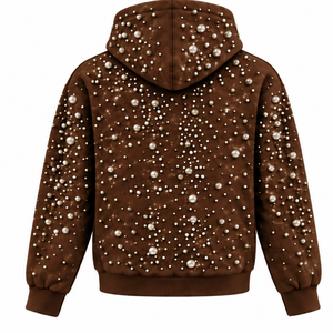 Sweat-shirt à capuche unisexe en maille perlée marron chocolat, style streetwear, avec cordon de serrage et poche kangourou, personnalisable - Product Image 2