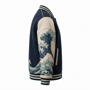 Veste universitaire décontractée à bas prix avec broderie d'art japonais à motif vague, corps en laine et manches en cuir PU, pour l'hiver et le streetwear - Product Image 4