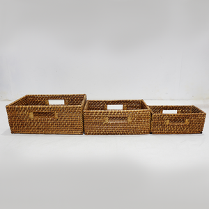 Eco Friendly Brown Rattan <b>Shelf</b> <b>Storage</b> <b>Basket</b> Set Closet Organizer Bins <b>with</b> Built in Handles - Product Image 1