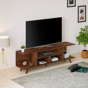 Meuble TV sur pied en bois d'ingénierie Anatdol de style minimaliste avec étagères, support pour décodeur et panneau de rangement. - Product Image 3