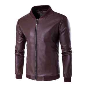 Blouson Bomber Homme en Cuir PU, Col Montant, Fermeture Éclair, Manches Classiques, Couleur Unie, Vêtement d'Extérieur Automne, Coupe Ajustée, en Cuir de Chèvre Véritable - Product Image 3