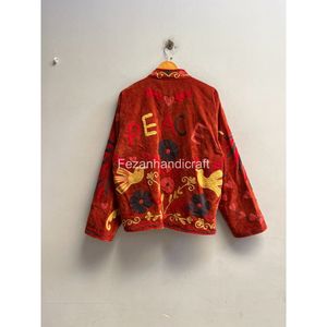 Floral Embroidered Mandarin Collar <b>Velvet</b> Cotton Quilted <b>Jacket</b> Full Sleeve Winter Unisex Overcoat Boho Chic - Product Image 4
