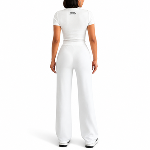ONETEN APPARELS Women White <b>3</b> Piece <b>Set</b> Hooded Cropped T-Shirt Wide-Leg Pants Casual Winter Loose Fit Spandex/Nylon Fleece - Product Image 3