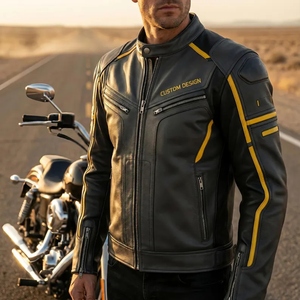 Men's Black Yellow Genuine Leather Waterproof Windproof Winter Motorcycle <b>Racing</b> <b>Jacket</b> Custom OEM ODM - Product Image 4