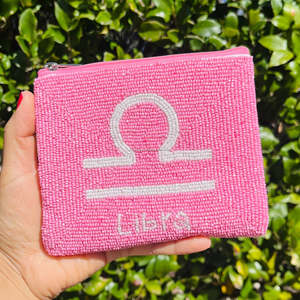 Pochette à monnaie perlée Balance faite à la main pour pochette brodée zodiaque rose Durable fermeture éclair Boutique cadeau sac à main en gros pour les femmes - Product Image 3