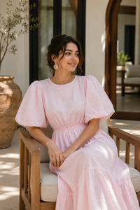 Robe longue décontractée d'été pour femme, moderne, respirante, en coton et lin rose, à manches bouffantes, à volants, style bohème, pour les vacances - Product Image 6