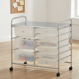 Rolling <b>Storage</b> Cart with 9 <b>Drawers</b> Chrome Frame Plastic Organizers for Office or Living Room Minimalist Design Easy Cleaning - Product Image 3