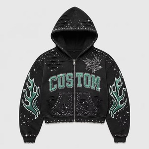 Sudadera Unisex Personalizada con Diseño de Llama Bordado con Pedrería, Estilo Urbano, Negra, de Algodón, con Cierre Frontal, Lavado Ácido, Vintage - Product Image 3
