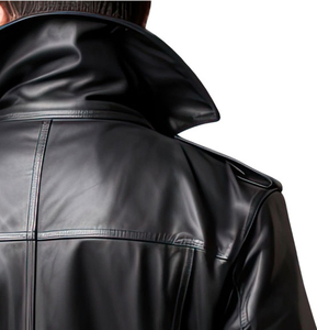 Abrigo Largo de Cuero Genuino para Hombre, con Solapa Entallada, Cinturón, Grueso, Manga Regular, Color Negro - Product Image 6