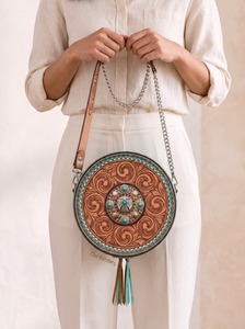 Handtooled Genuine Leather <b>Mini</b> Bag Vintage Bohemian Canteen Purse Tassel Crossbody Strap Zip Closure <b>Canvas</b> Lining Small - Product Image 4