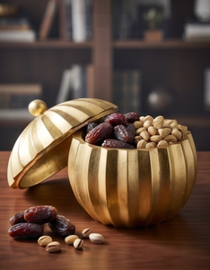 Elegant Gold Fluted Metal Date And Dry Fruit Storage Bowl Covered Tabletop Organizer With Domed Lid - Product Image 3