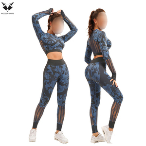 Newest Seamless Abstract Pattern Yoga Set High Waist Workout Leggings Women Long Sleeve <b>Crop</b> <b>Top</b> Out Mesh Fitness Gym Clothing - Product Image 4
