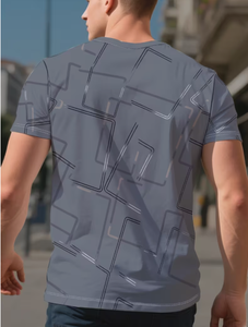 T-shirt pour homme à manches courtes, col rond, motif géométrique gris, coupe classique, décontracté, respirant, en polyester tricoté, imprimé numérique, été - Product Image 4