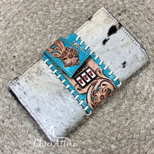 Trending Vintage Hand Tooled Genuine Cowhide Leather Clutch With Floral Pattern Jackpot Design Ladies Western Purse for Women's - Product Image 1