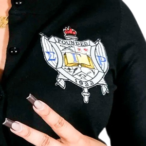 Women's SGRho Pearl Button <b>Cardigan</b> Custom Embroidered V Neck Knit Sweater Elegant Sorority Apparel Casual Fashion Clothing - Product Image 5