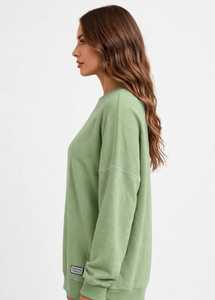 Sweat-shirt à col rond vert sauge pour femme, pull à épaules tombantes, manches longues, haut décontracté - Product Image 4