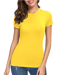 Camiseta de Manga Corta con Cuello Redondo para Mujer, Color Amarillo, Corte Ajustado, Informal, Color Sólido, 100% Algodón, Transpirable, para Primavera - Product Image 1