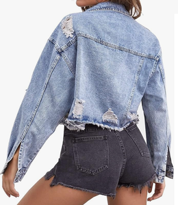 Women's Distressed Denim Jacket Cropped Vintage Formal Style <b>Button</b> Front Solid Color Windproof Breathable Eco-Friendly - Product Image 4