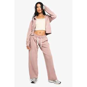 Ensemble de survêtement rose écoresponsable pour femme, à capuche, manches longues, couleur unie, fermeture éclair, décontracté, pour l'automne, avec pantalon à cordon de serrage - Product Image 3