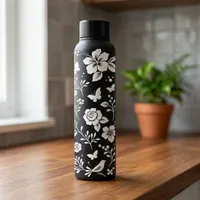 Bouteille d'eau en acier inoxydable noir avec imprimé floral papillon, bouteille isotherme réutilisable avec bouchon à vis pour le bureau