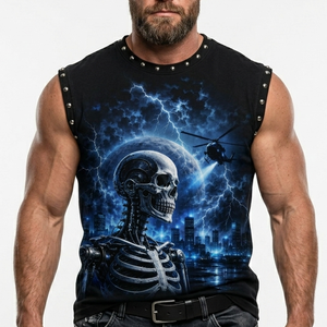 Camiseta sin mangas negra personalizada con cuello con tachuelas, 100% algodón, estilo urbano, estampado gráfico de calavera de ciencia ficción, top de verano - Product Image 6