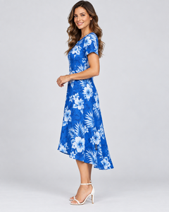 Blue Floral Print V-Neck A-Line Chiffon Tea-Length Dress with Cap Sleeve for Women Summer Casual Wear best selling wholesale - Product Image 4