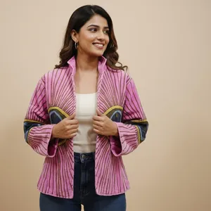 Veste en coton rose brodée œil porte-bonheur style bohème pour femme, manteau décontracté de style ethnique artistique vintage - Product Image 3
