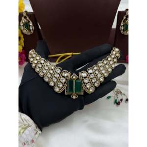 Indian Ethnic Mira Moissanite Gold Plated Bridal Choker Necklace & Earring Set - Product Image 3