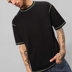 Camiseta Negra para Hombre con Ribete en Contraste, 100% Algodón, Cuello Redondo, Estilo Casual Urbano, Corte Regular, Secado Rápido, Etiqueta Privada Personalizada - Product Image 1