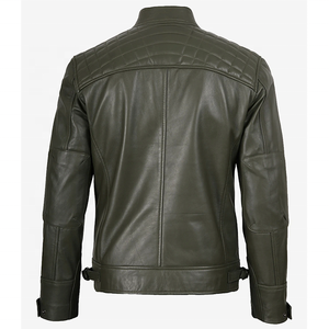 Veste de moto pour homme en cuir PU vert olive, toile écologique, imperméable, col rabattu, fermeture éclair, coupe ajustée, couleur unie - Product Image 3