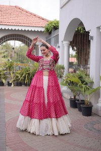 Pink Embroidered <b>Lehenga</b> Choli With Cream <b>Skirt</b> Traditional Indian Wedding Wear For Women Cotton Floor Length Loose Fit - Product Image 6