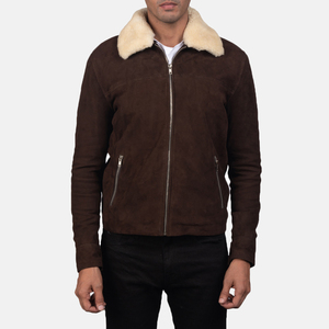 Men's Brown <b>Suede</b> Bomber <b>Jacket</b> With Faux Fur Collar Zipper Closure Winter Moto Style Regular Fit <b>Jackets</b> - Product Image 1