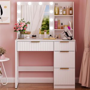 Mobile da Trucco in Truciolato Bianco con Finitura Melaminica, 4 Cassetti, 2 Ripiani, 10 Lampadine Tricolore e Multipresa - Product Image 1