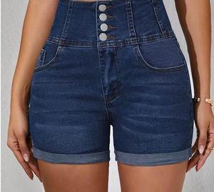 Shorts de Mezclilla de Cintura Alta para Mujer, Color Sólido, Cierre de Botones, Corte Ajustado, Ropa Casual de Verano - Product Image 3