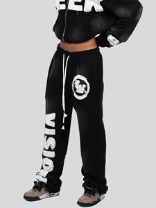Chándal negro con capucha para hombre, con cremallera frontal completa, estampado de letras, estilo urbano, corte holgado, de algodón, para otoño - Product Image 6