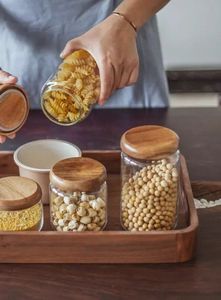 Contenants de stockage alimentaire en verre avec couvercles en bois, forme cylindrique, hermétiques, sans BPA, utilisables au micro-ondes, faits à la main, pour la cuisine, design bohème - Product Image 6