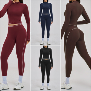 Ensemble de yoga 3 pièces sans couture respirant pour femme : veste courte zippée, soutien-gorge de sport, leggings taille haute avec logo frontal, extensible dans les quatre sens - Product Image 5