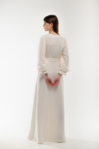 Robe longue en coton champagne pour femme, broderie florale, col en V, manches longues, taille nouée, fente, style bohème - Product Image 5