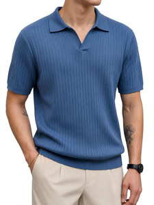 T-shirt en tricot à col côtelé décontracté pour homme |   Polo à manches courtes coupe classique pour homme |   T-shirt en tricot plat texturé, parfait pour les occasions décontractées - Product Image 6
