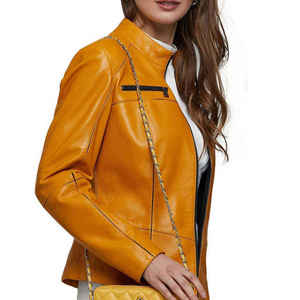 Chaqueta de Cuero Personalizada para Mujer, Fabricada en Fábrica, Nueva Moda, Corte Ajustado, Estilo Motero, Cuero Genuino, Impermeable, Resistente al Viento, Ligera - Product Image 3