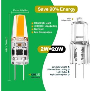 Bombilla LED 2W Blanco Cálido 3000K AC/DC12V-24V 1505 COB Equivalente a 20W T3 Tipo JC Base Bi-Pin G4 Halógena 6.ª Generación - Product Image 4