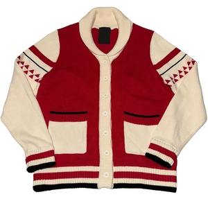 Cárdigan de punto para mujer, estilo preppy, color rojo y crema en contraste, manga larga, cuello vuelto, con bolsillos, para otoño. - Product Image 1