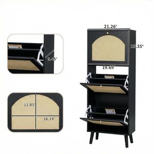 Scarpiera Nera a 3 Ripiani con Frontale in Rattan 54*24*135 cm in Truciolato - Product Image 5