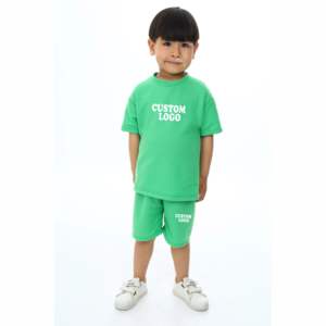 Ensemble vêtements enfant fille et garçon, t-shirt à manches courtes et short, logo personnalisé, été, uni, 2 pièces - Product Image 1