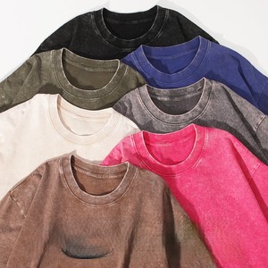 Camiseta de algodón peinado de 220g, color sólido, con efecto lavado y desgastado, hombros caídos, con logotipo bordado personalizado, precio de fábrica de Bangladesh y China. - Product Image 1