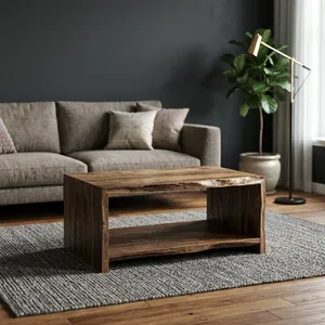 Table basse en bois rustique avec étagère ouverte, en bois recyclé fait main, finition naturelle vintage, table centrale rectangulaire pour salon - Product Image 6