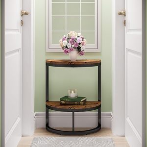Half Round End <b>Table</b> 2-Tier Semicircle Metal - <b>Rustic</b> <b>Wood</b> Top Sofa Side <b>Table</b> Small Console Shelf for Living Room - Product Image 3
